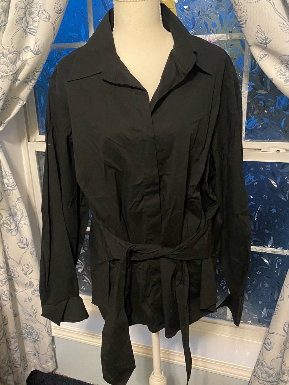 Coldwater Creek Black Tie-Waist Button-Front Blouse